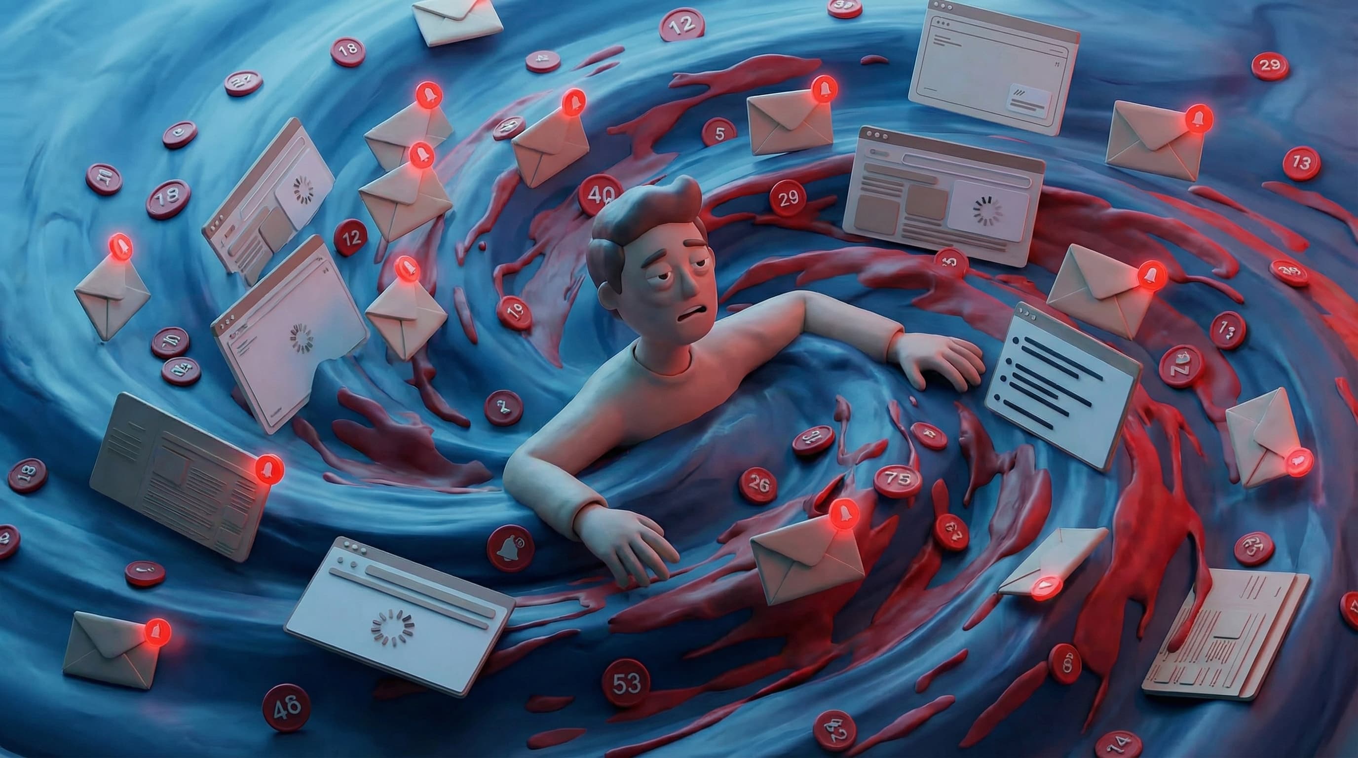 A person drowning in a sea of unread emails and notification badges