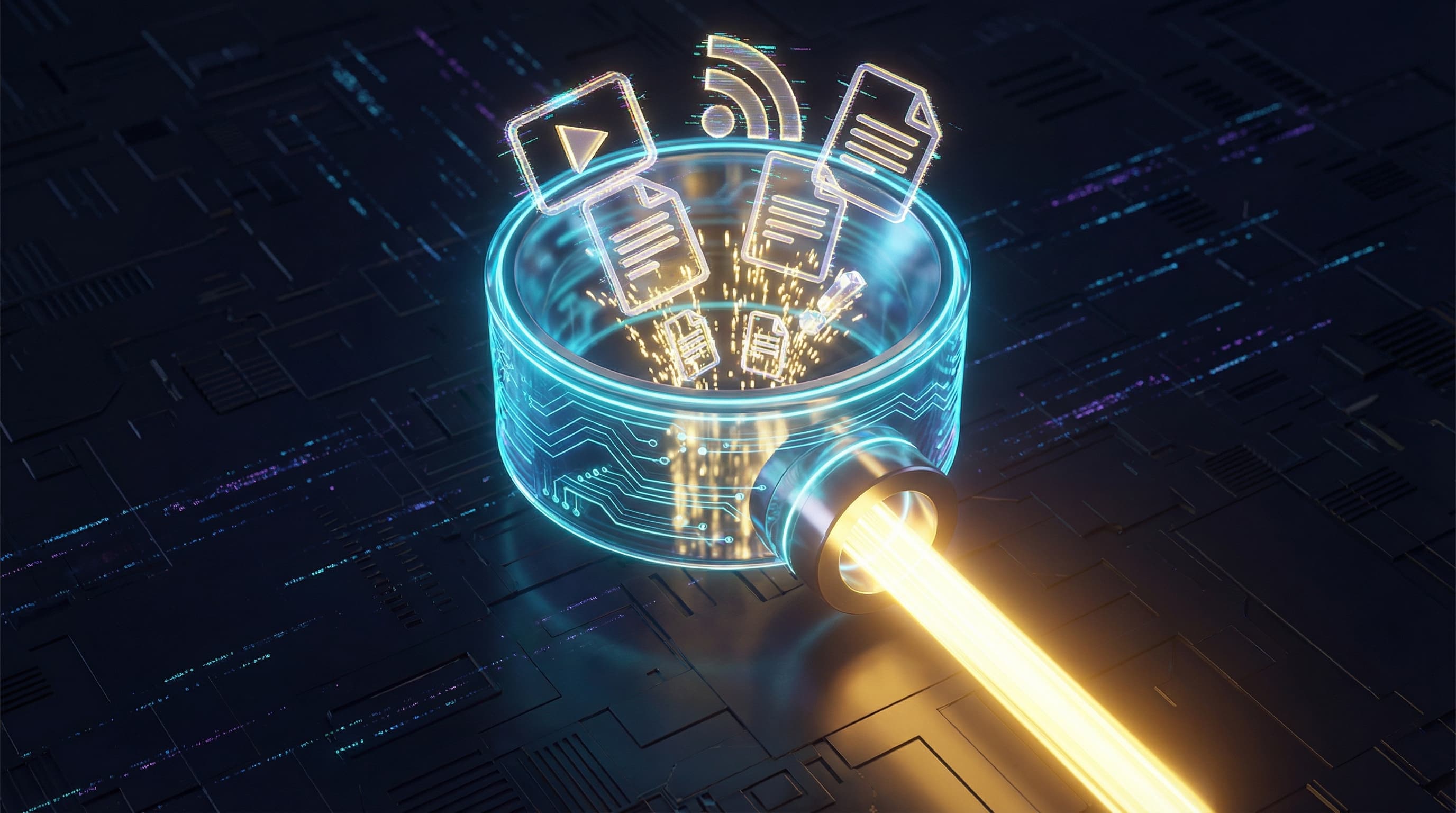 A digital funnel transforming messy raw data into a clean beam of insight