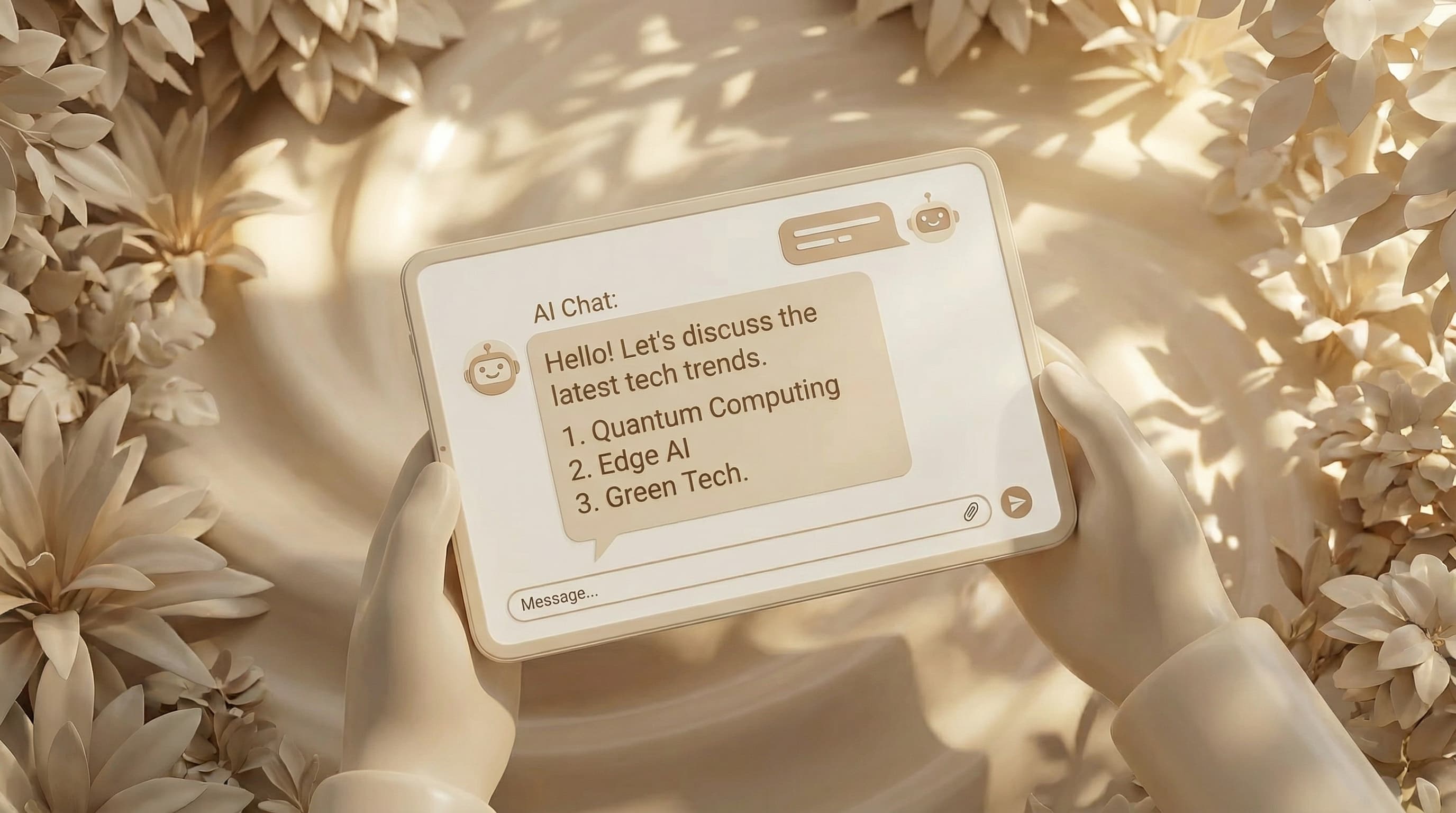 A person using an AI chat interface on a tablet in a peaceful garden